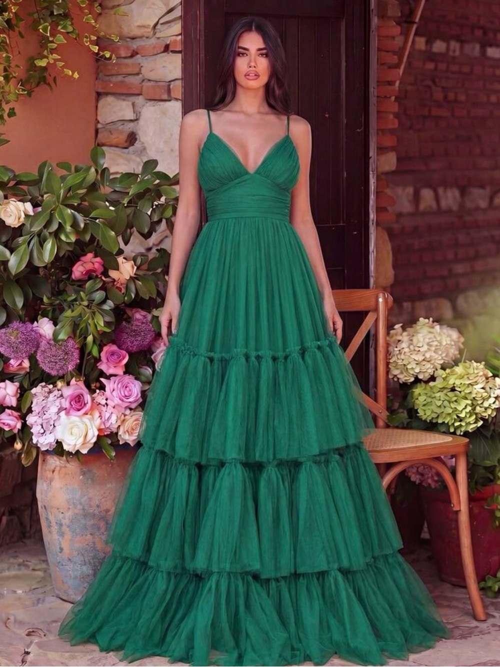 SHEIN Emerald Green Tiered Tulle Maxi Dress - Spaghetti Straps